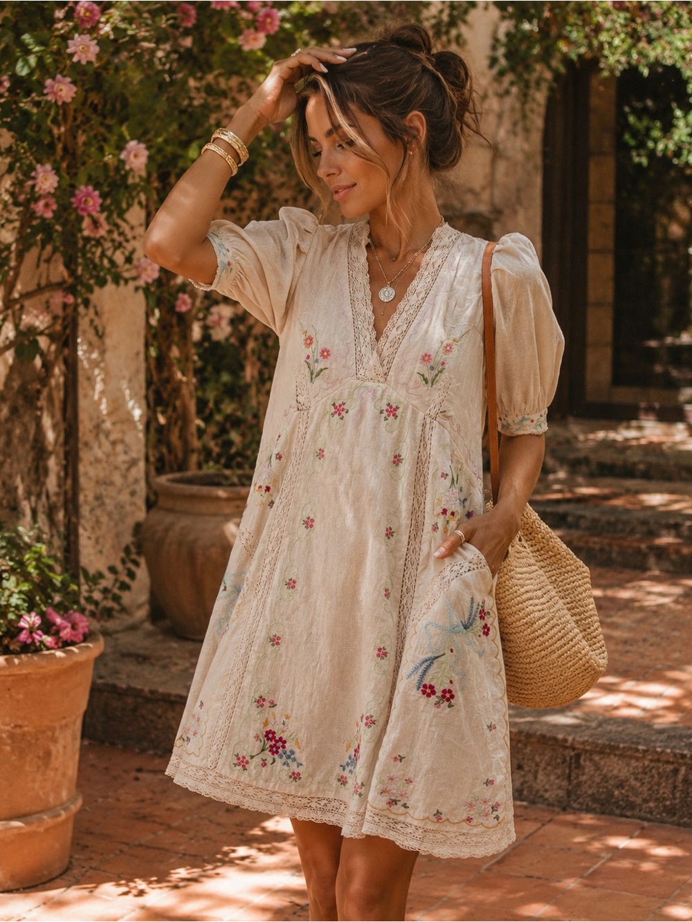 Anthropologie Cream Floral Embroidered Mini Dress